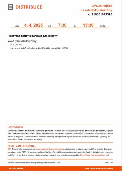 Upozornění na odstávku elektřiny 1