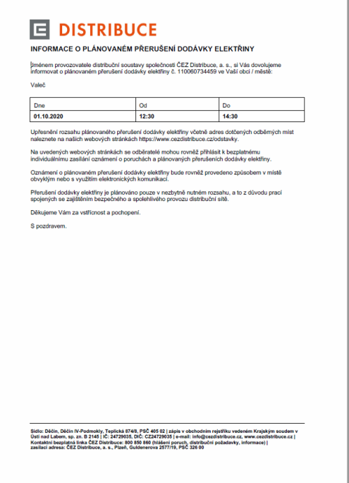 Informace o plánovaném přerušení dodávky elektřiny - Valeč, Velký Hlavákov 1